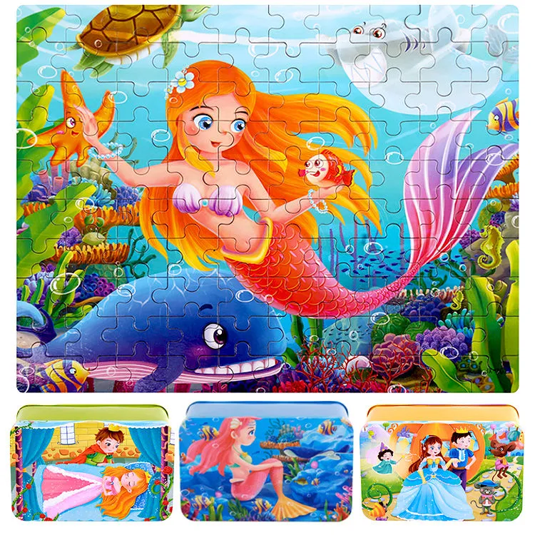 儿童铁盒装拼图60/100/200片美人鱼积木宝宝早教益智力小女孩玩具