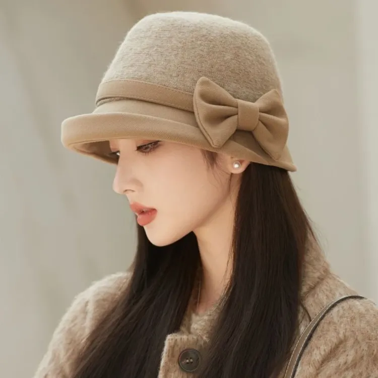 秋冬新款羊毛呢蝴蝶结女士渔夫帽时尚百搭针织保暖显脸小气质盆帽