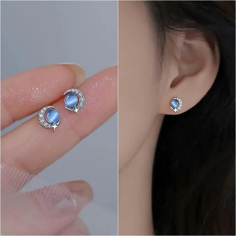 足银耳饰 星月耳钉S999纯银猫眼小众高级耳环网红感新款轻奢百搭