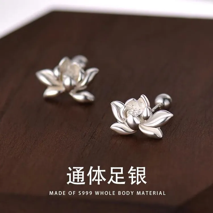 足银耳饰 S999纯银针招财转运莲花耳钉女耳饰小众复古国潮汉服ins