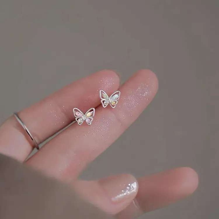 足银耳饰 纯银针幻彩蝴蝶耳钉女新款耳环轻奢小众简约ins百搭气质