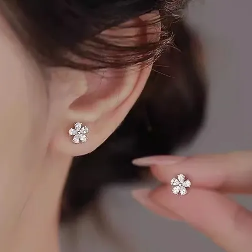 足银耳饰 S999纯银锆石花朵睡觉免摘耳钉养耳洞耳环小众小巧迷你