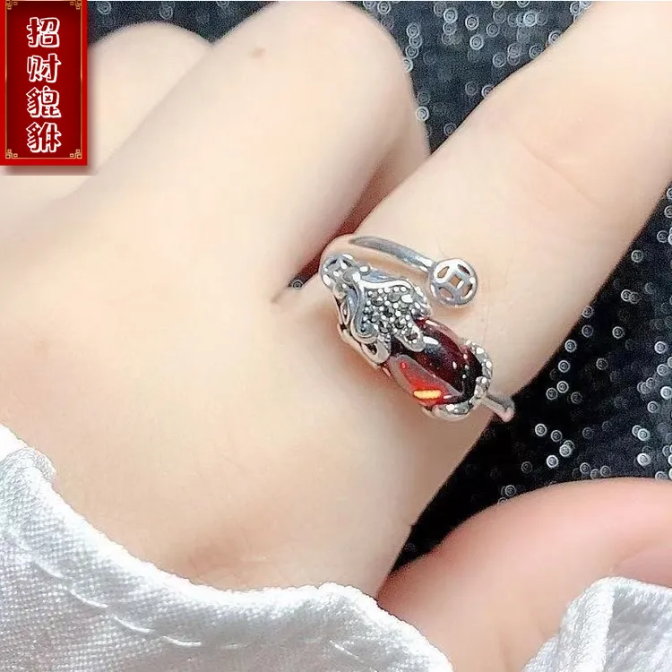 925银戒指 招财转运貔貅戒指环开口食指环复古小众食指尾戒女纯银