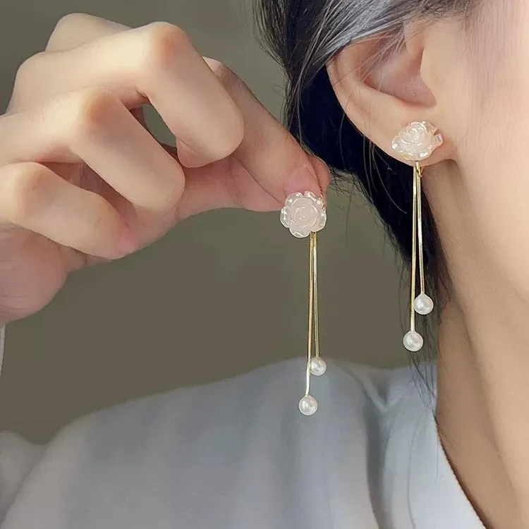 925银耳饰 纯银山茶花流苏耳钉高级感轻奢气质旗袍汉服耳环小众女