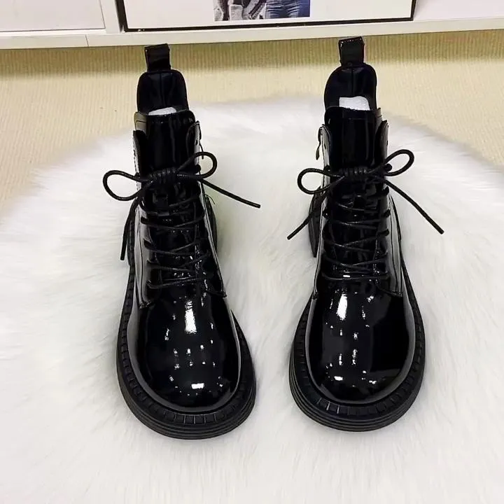 马丁靴女平底真皮2024新款漆皮芒果头时尚短靴冬加绒棉靴秋单靴子