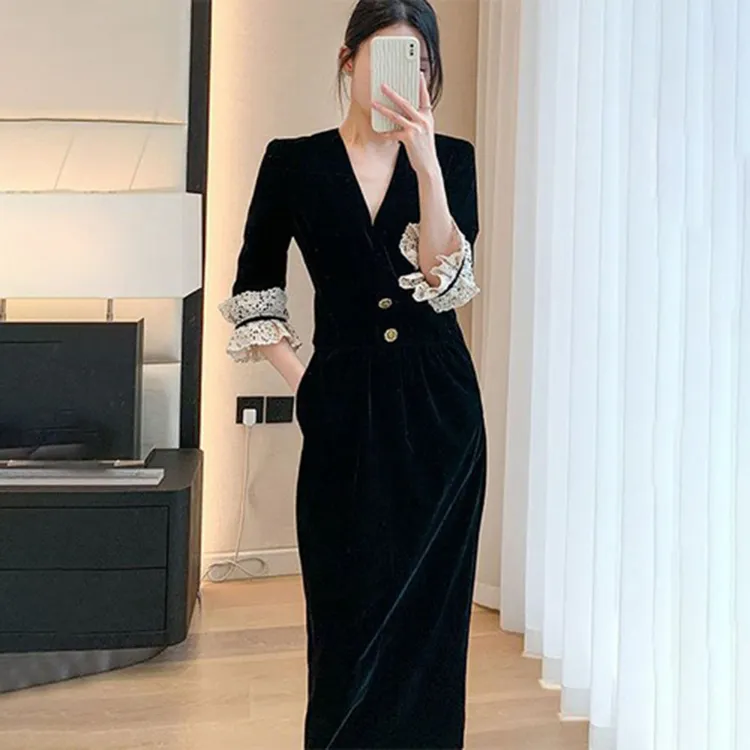时尚气质黑色连衣裙女装2025年春季新款法式收腰显瘦名媛风裙子潮