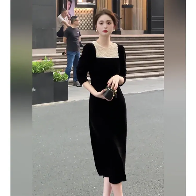 大码黑色连衣裙春装女2025年新款胖mm显瘦气质高级感炸街长袖裙子