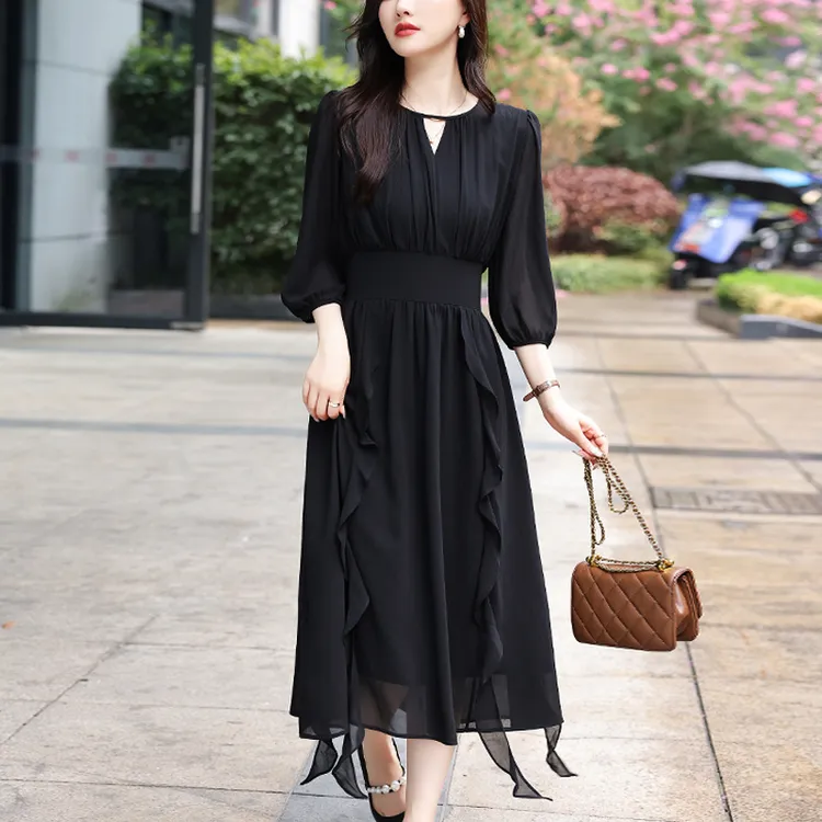 气质高级感收腰显瘦黑色连衣裙女2025春夏新款大码设计感时尚长裙