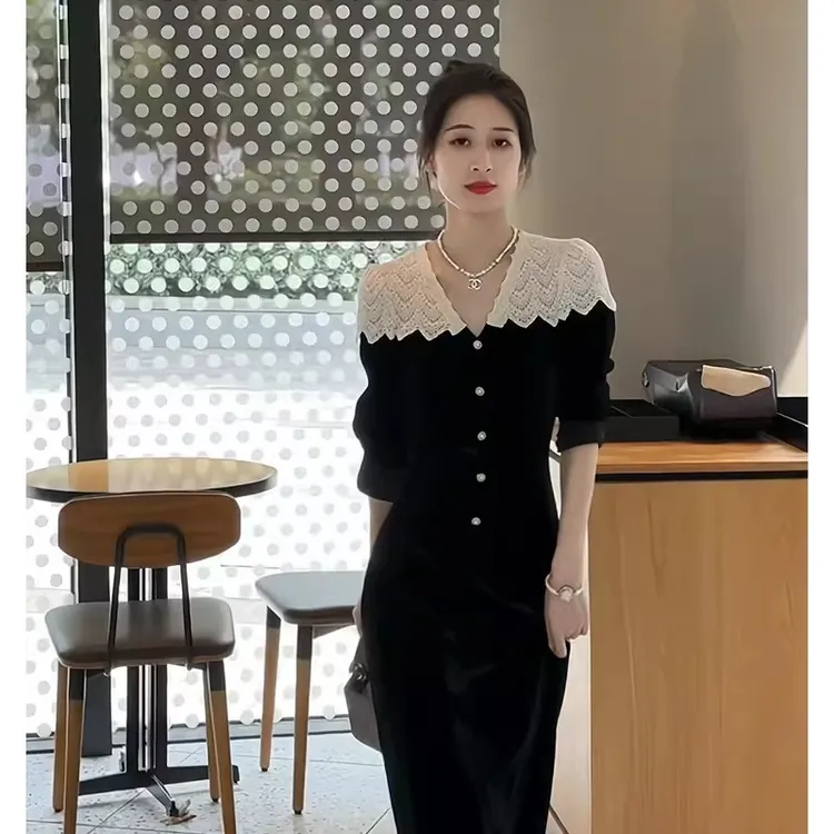 欧洲站秋装女2025年新款女法式赫本风气质长裙黑色大码长袖连衣裙