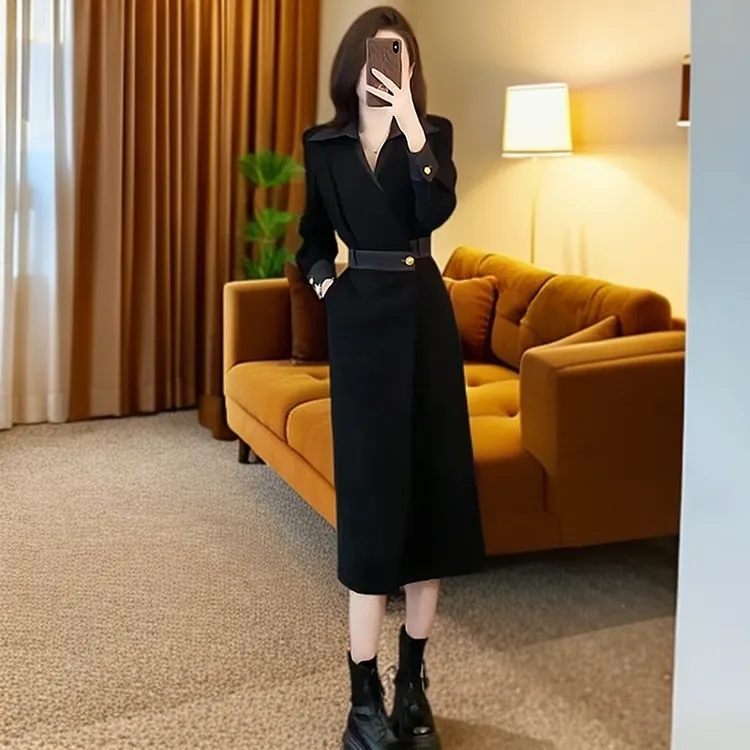 春秋法式气质长裙高端御姐风收腰显瘦长袖连衣裙子女高级感小黑裙