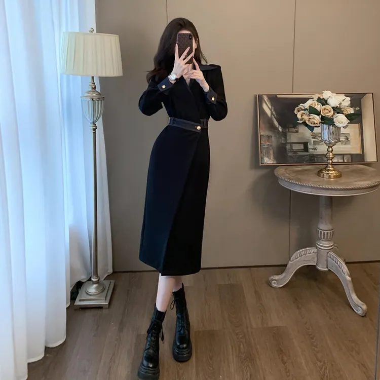 小香风气质休闲连衣裙女春秋显瘦高级感超好看法式长裙打底黑色裙