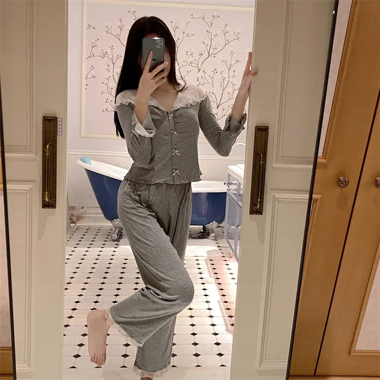 睡衣女春秋新款蕾丝花边带胸垫莫代尔棉纯欲性感家居服睡衣套装