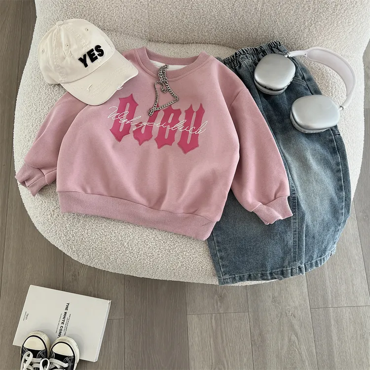 娇娃布迪儿童粉色卫衣秋季新款童装男童宝宝韩版字母印花套头上衣