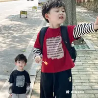 儿童韩版纯棉假两件T恤春秋男女童字母印花条纹上衣中小童潮酷t恤