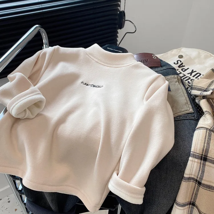 2025新款冬季男童长袖t恤女宝德绒半高领加绒加厚儿童打底衫秋冬