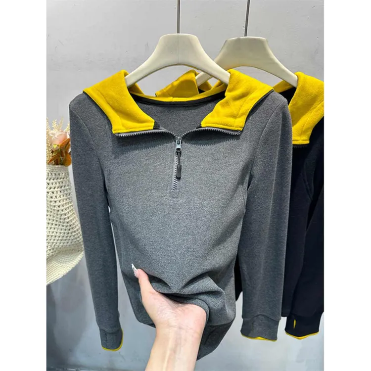 撞色连帽德绒半拉链卫衣女秋冬新款设计感别致休闲内搭打底衫上衣