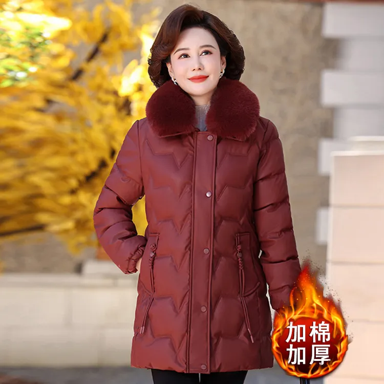 妈妈秋冬装棉服女老年人外套奶奶装冬季加厚亮面PU皮棉衣5060岁