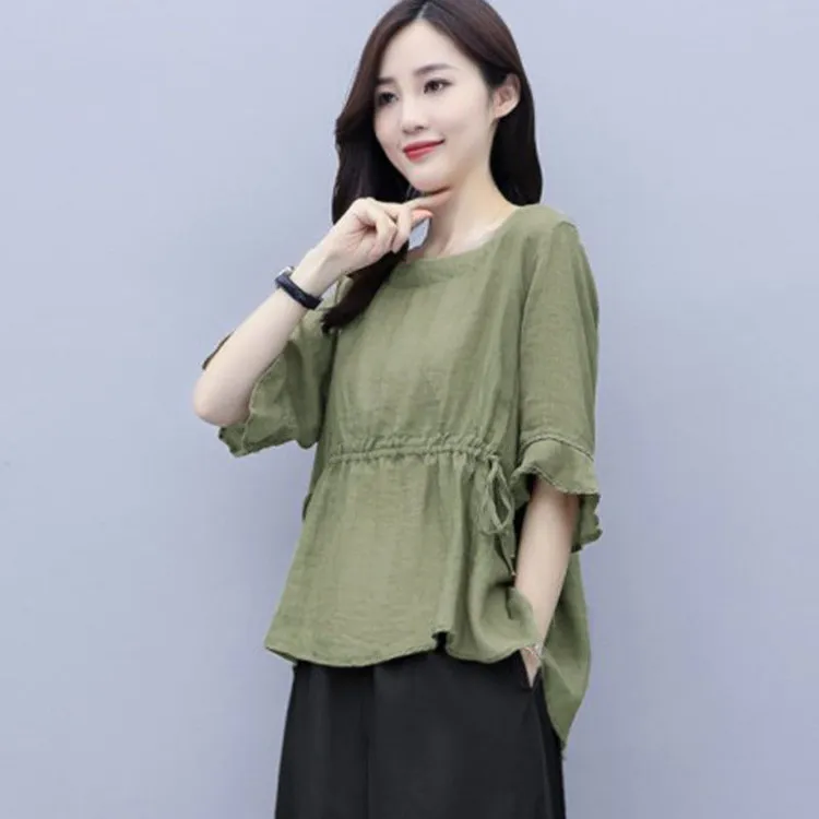 大码女装荷叶边显瘦夏季女遮肚子宽松圆领韩版抽绳气质中袖衬衫女