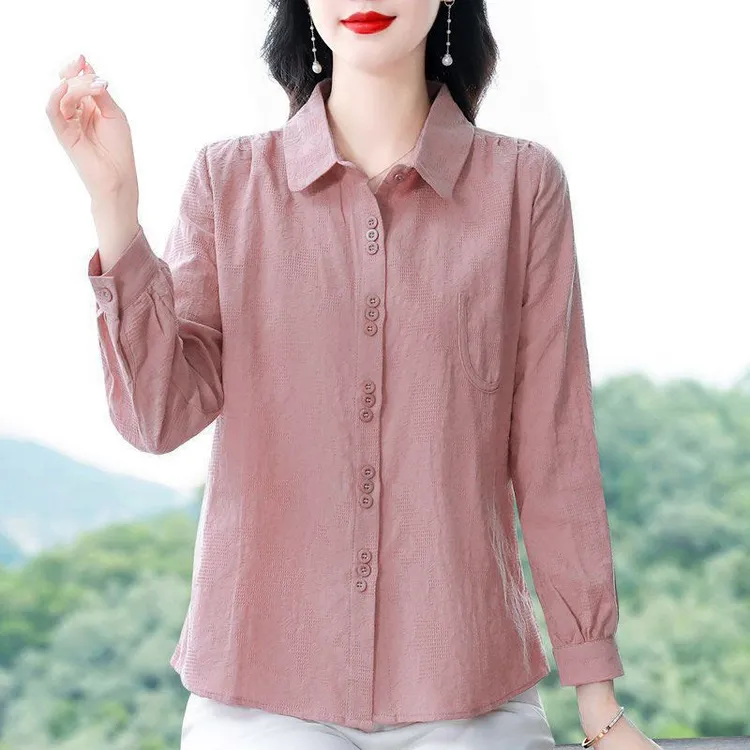 高端提花纯棉长袖衬衫女士中年妈妈文艺大码宽松上衣洋气薄款气质