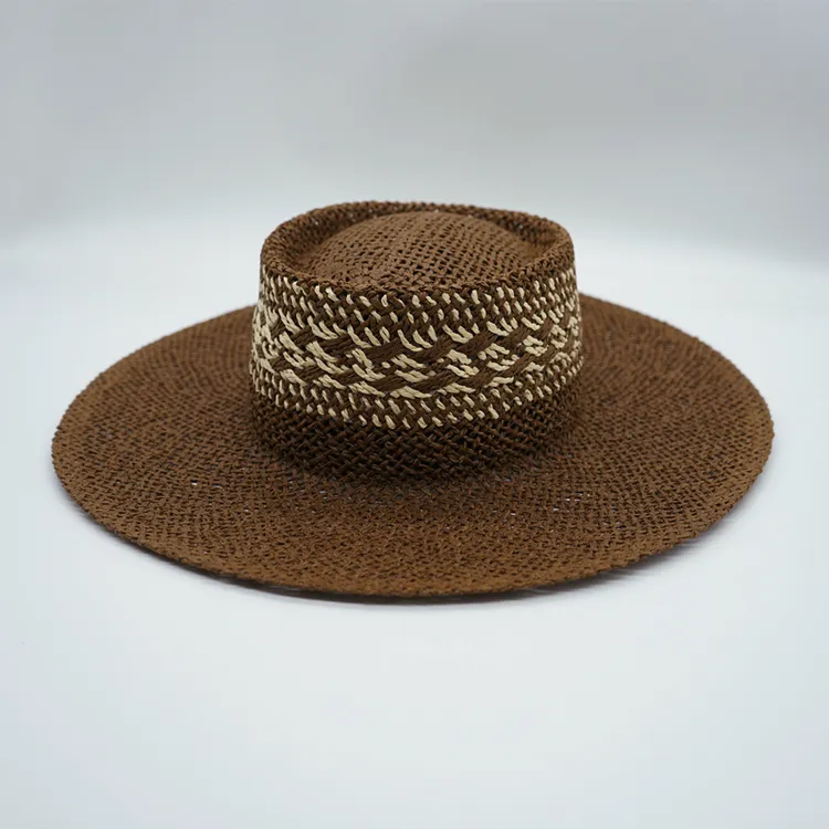 帽子拼色编织平顶帽女夏天遮阳防帽大草帽礼帽百搭时尚度假太阳帽