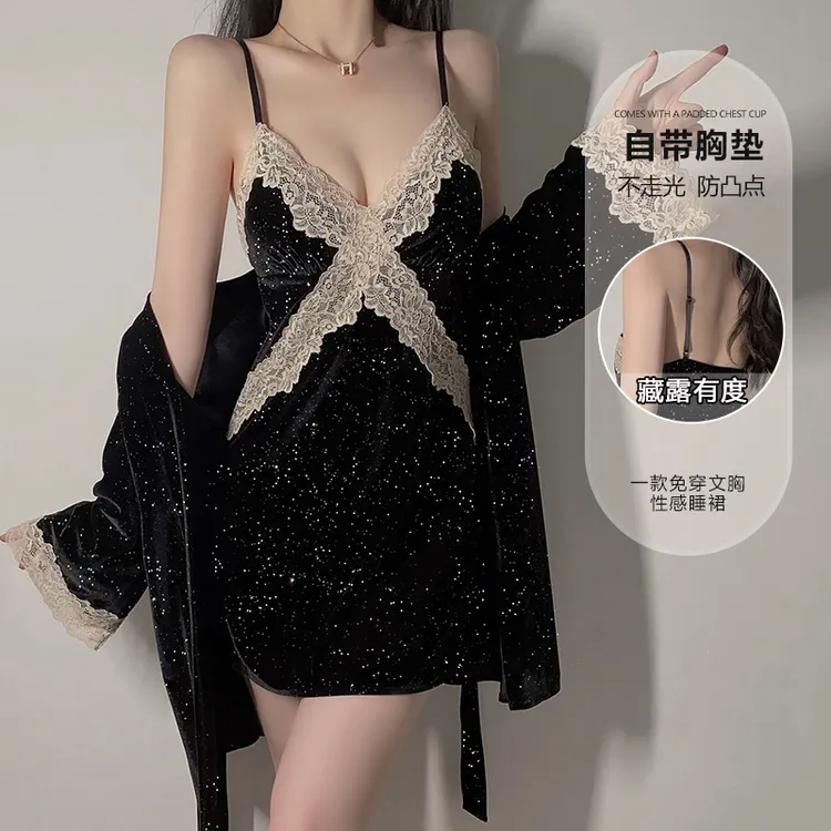 【瑰丽】银丝绒内衣深V聚拢加胸垫女吊带睡裙外袍家居大码套装4768