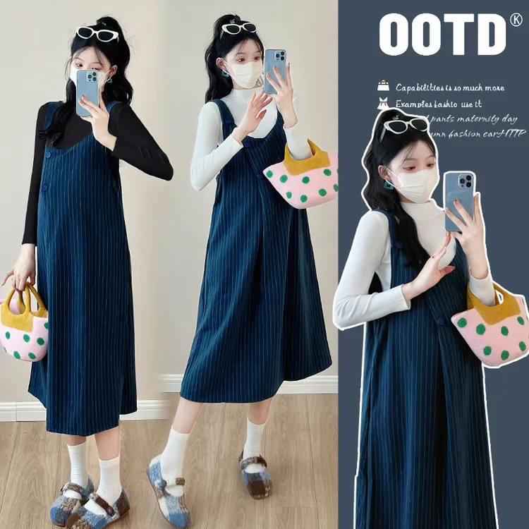 孕妇装2024秋冬韩版时尚法式洋气小香风背带宽松连衣裙两件套秋冬
