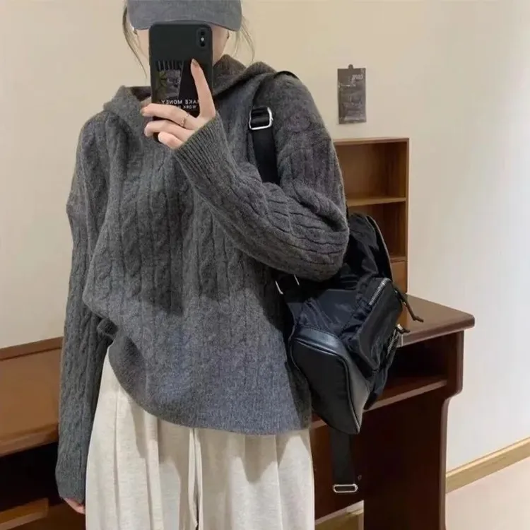 薄款麻花复古连帽毛衣女早春新款宽松慵懒毛衣长袖针织衫外穿上衣