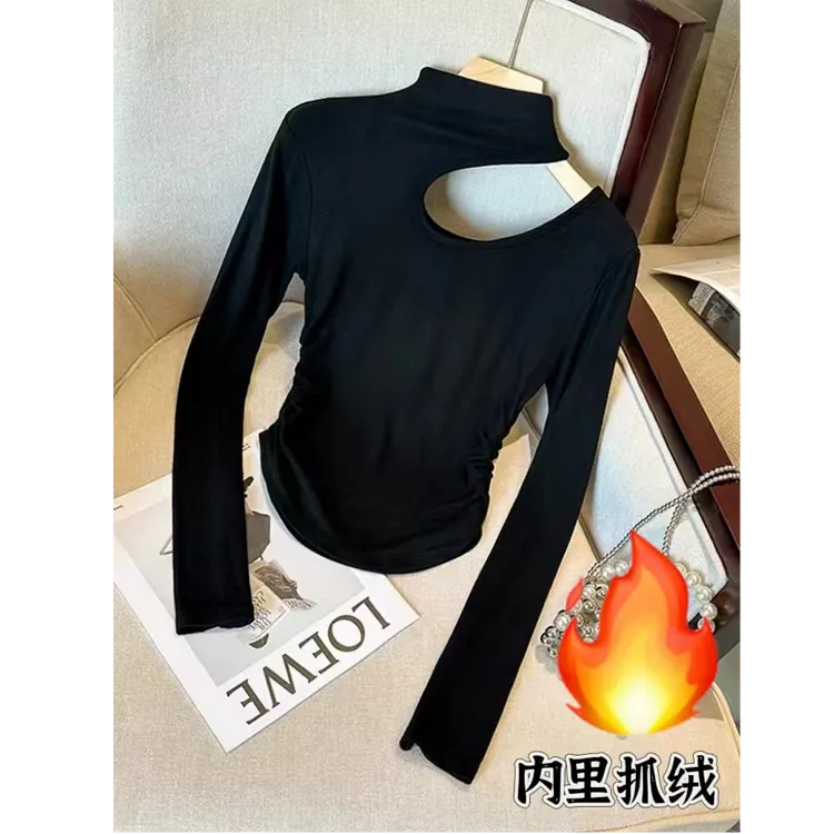 2025冬季加绒新款小心机时尚设计感缩褶套头T恤衫百搭长袖上衣女