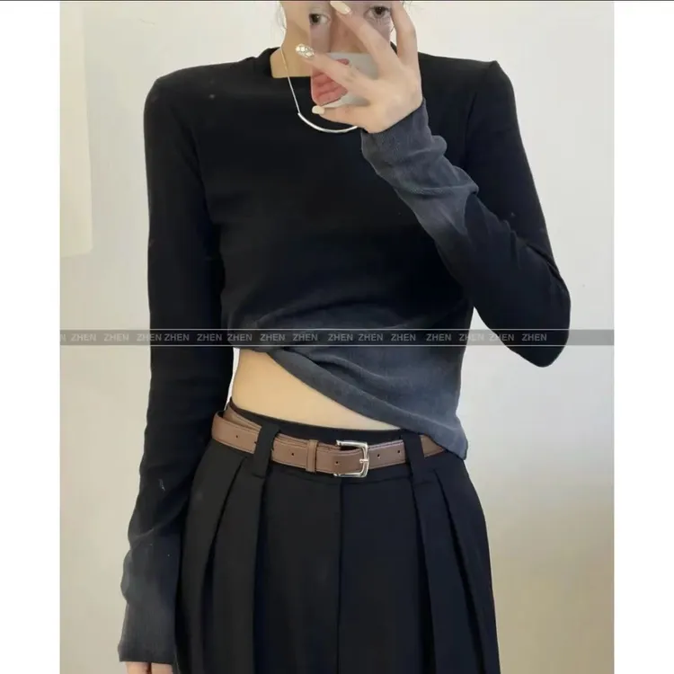 美式复古渐变色长袖T恤女春秋2024新款辣妹时尚内搭紧身打底上衣