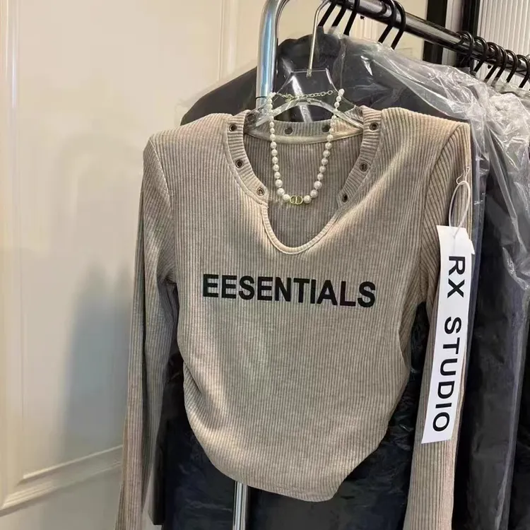 设计感韩版字母褶皱收腰长袖垫肩T恤女秋冬纯色内搭修身短款打底