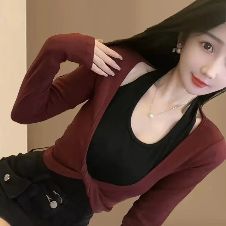 高含棉时尚假两件长袖T恤女2025年秋季新款辣妹修身短款打底上衣