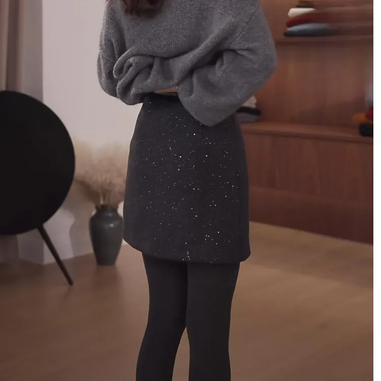 韩系冬季精致闪闪半身裙女百搭洋气A字显瘦包臀裙高级感毛呢短裙