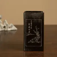 民国 大漆撒银山水诗文笔筒古董收藏