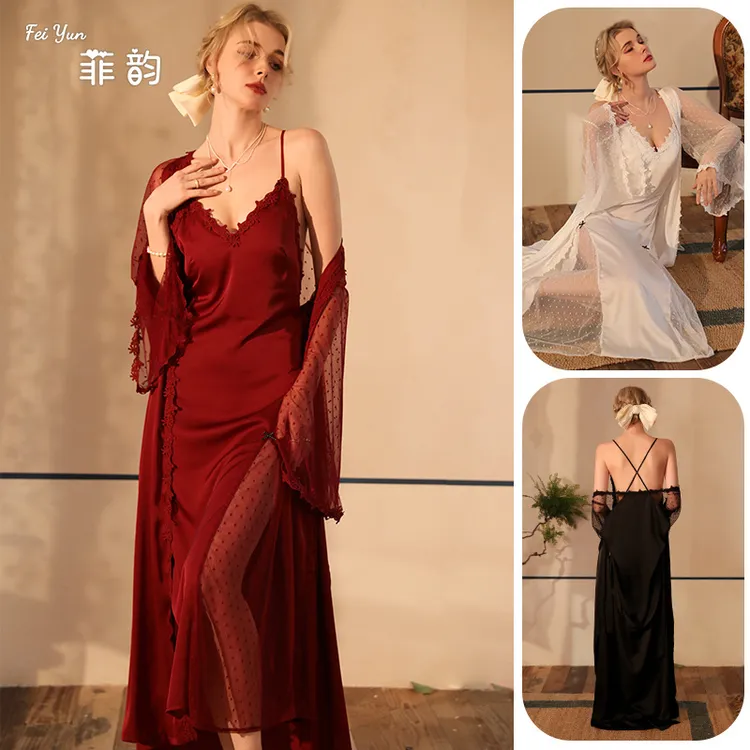 新款夏季睡裙含胸垫加长款浴袍睡衣女长袖缎面家居服套装