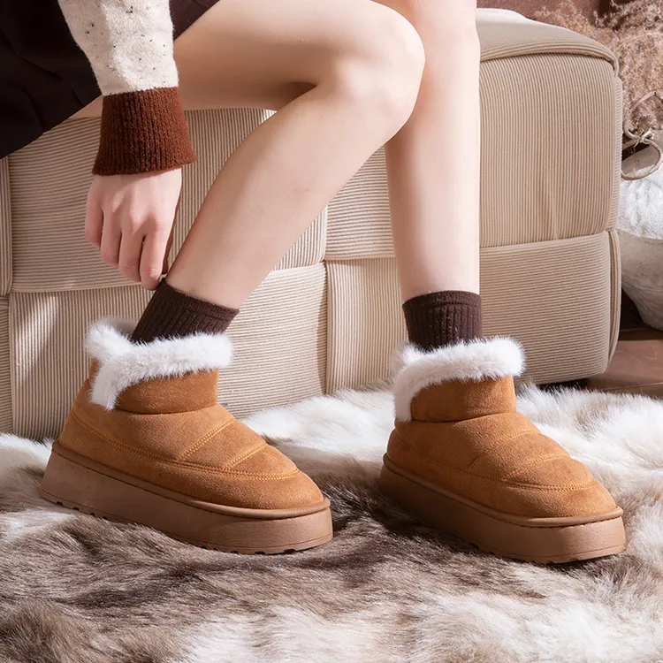女士冬季新款雪地靴加绒加棉厚底保暖耐磨纯色休闲时尚百搭棉鞋