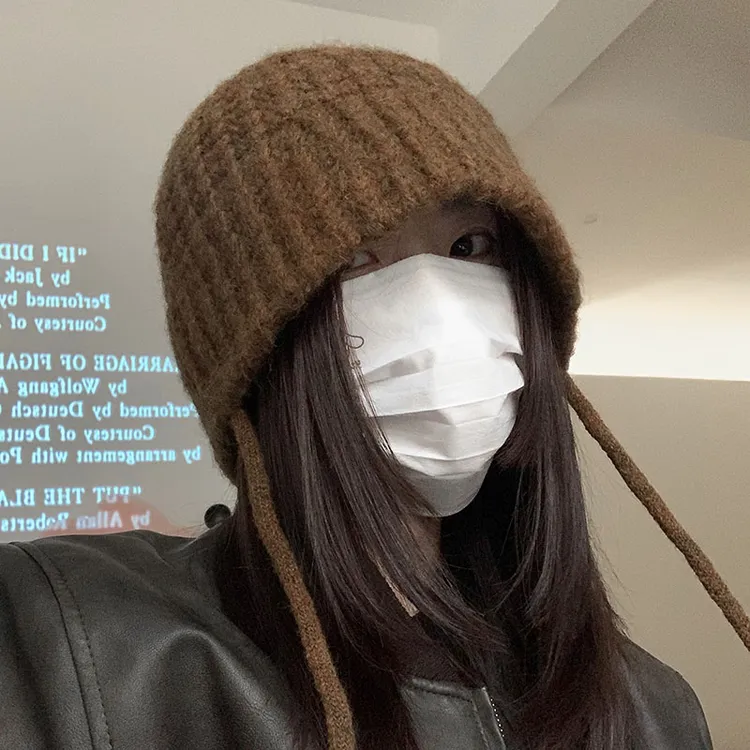 纯色毛线帽子女冬季保暖护耳冷帽堆堆帽逛街百搭针织帽学生显脸小
