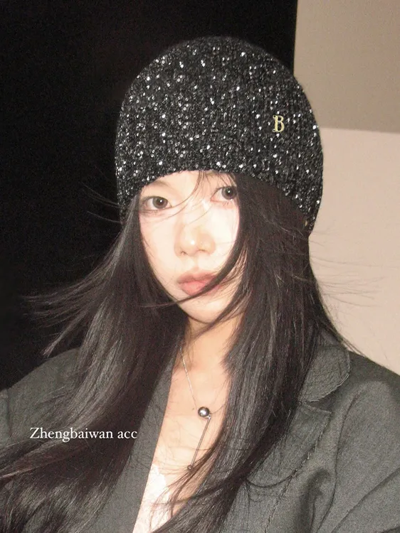 韩国冷帽秋冬香香女孩亮闪片针织帽时尚显脸小包头帽帽子保暖潮