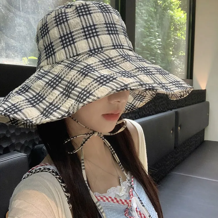 赵露思同款大帽檐遮阳帽女2024新款帽子渔夫帽防晒帽格子太阳帽潮