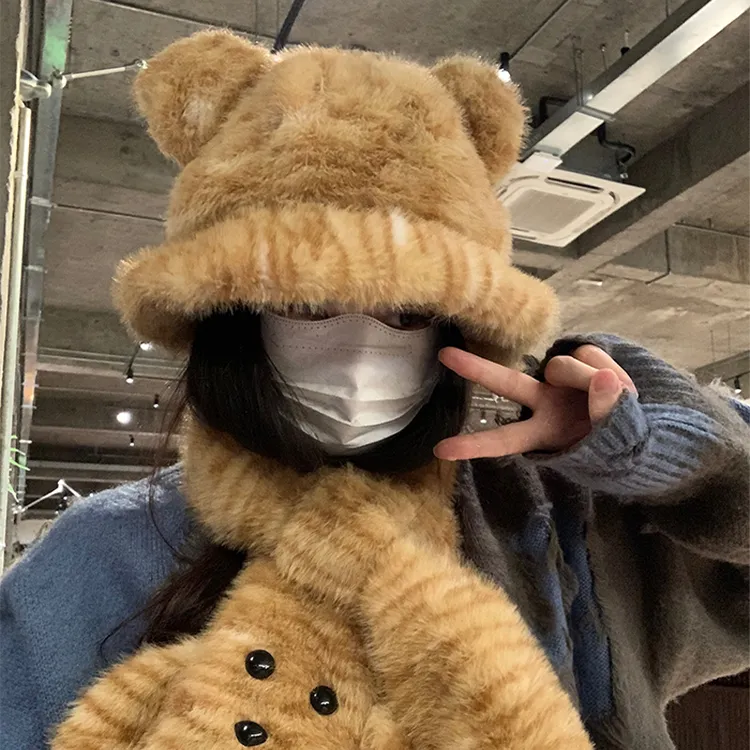 豹纹可爱小老虎毛绒耳朵渔夫帽子女2024冬季护颈加厚保暖卡通围脖