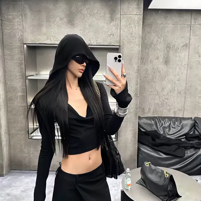 【0122stepll】连帽荡领上衣春修身露脐短款黑色长袖T恤KK23LG2115