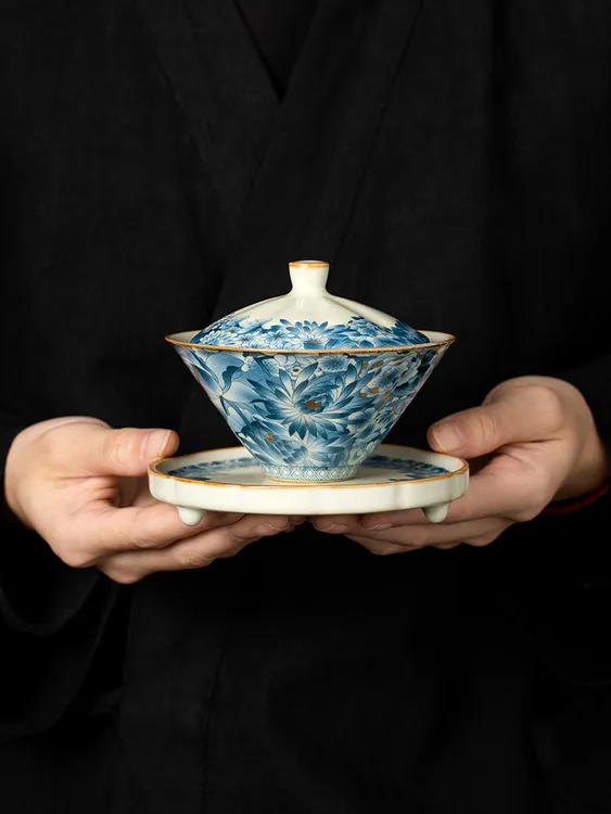 米黄汝窑金万花斗笠三才盖碗茶杯单个高档防烫带盖开片可养泡茶碗