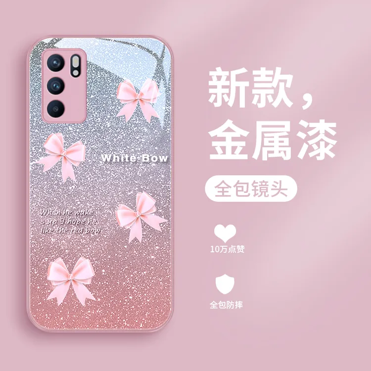 粉蝴蝶结适用opporeno6pro手机壳Reno6玻璃女款防摔reno6pro+网红