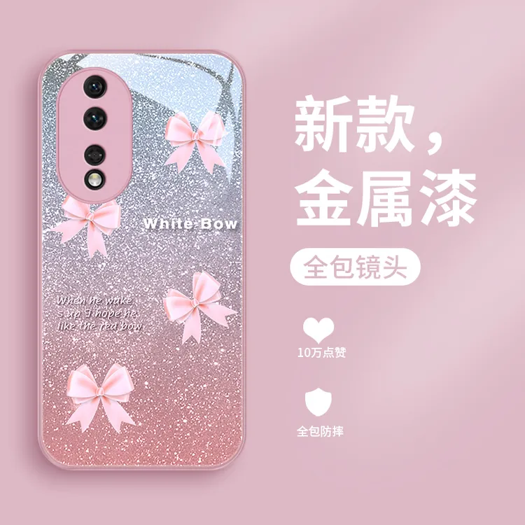 粉蝴蝶结适用华为荣耀80手机壳honor80pro潮流80se女款超火玻璃壳