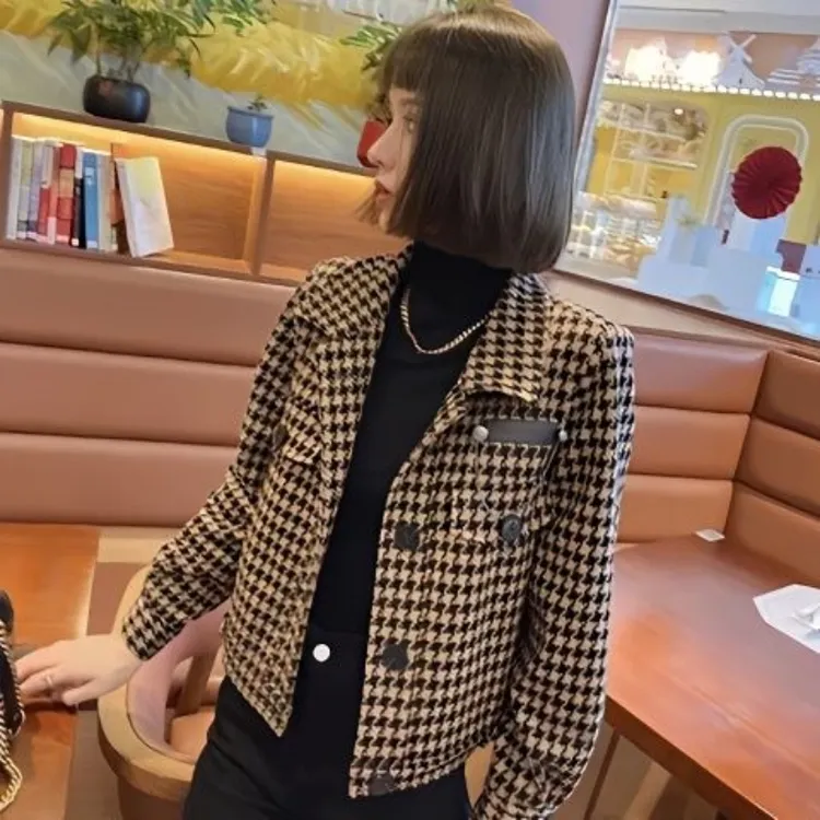 9963千鸟格小香风洋气短款外套女秋冬新款时尚百搭小个子毛呢上衣