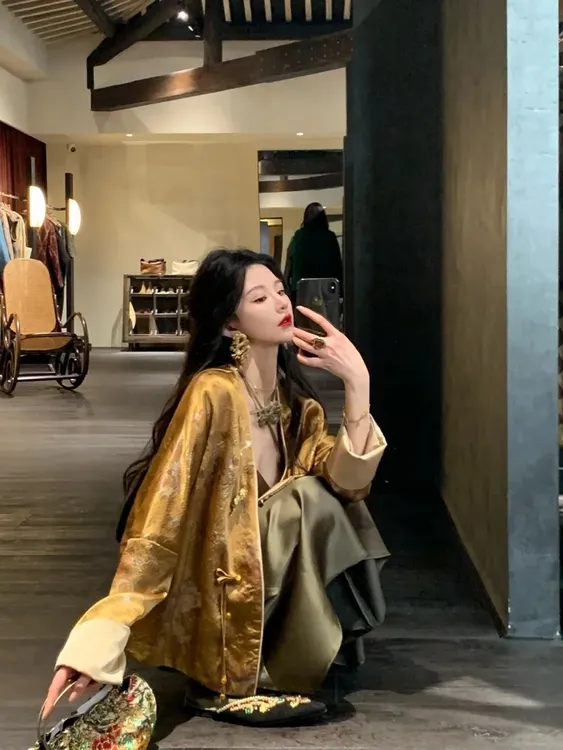 7702#新中式国风醋酸烫金繁花外套女春季新款复古外搭老钱风上衣