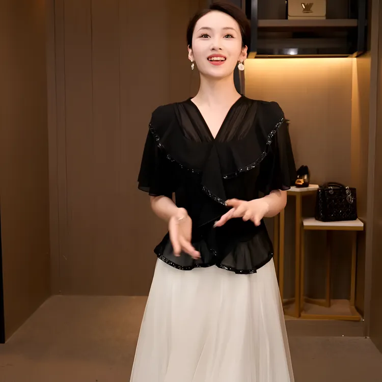 L4X2534显瘦夏季重工珠绣荷叶边V领优雅修身气质棉上衣洋气百搭