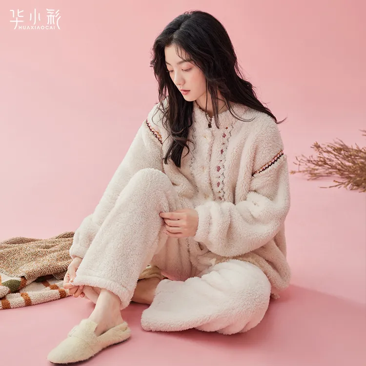 女士睡衣秋冬季珊瑚绒简约高级感中国风加厚法兰绒冬天家居服套装