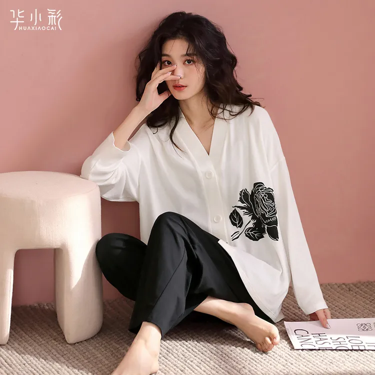 华夫格睡衣女春秋款纯棉长袖日式开衫黑白色家居服可外穿时尚套装