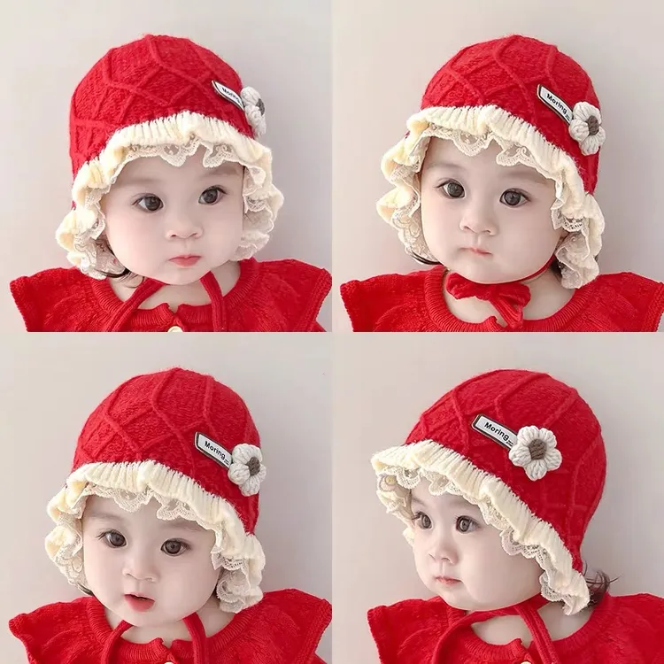 秋冬款婴儿花边毛线帽女宝宝渔夫帽幼儿甜美公主韩版护耳帽子冬季