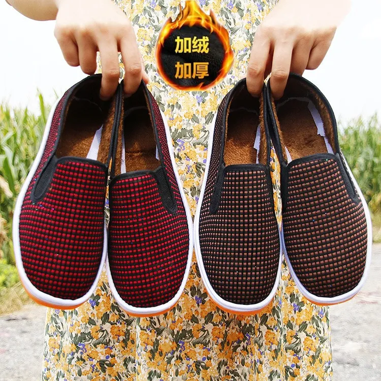 手工棉鞋女冬季牛筋底加绒保暖一脚蹬中老年妈妈鞋毛毛低帮棉鞋